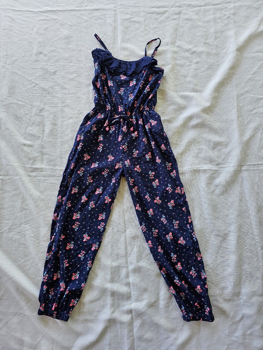 Japna Girls Navy Blue & Pink Floral Ruffle Accent Jumsuit Size 10 So Lightweight